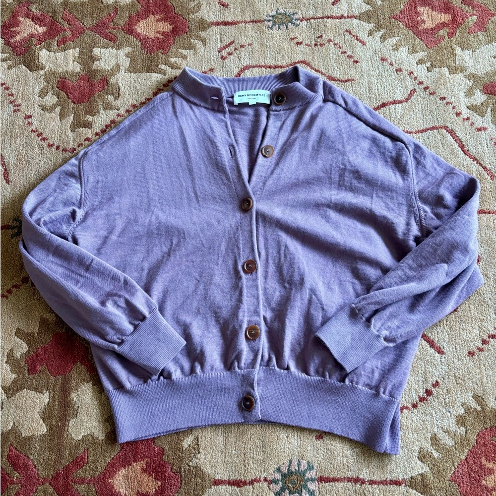 Demylee merino S soft dusty purple lilac lavender button cardigan crew neck